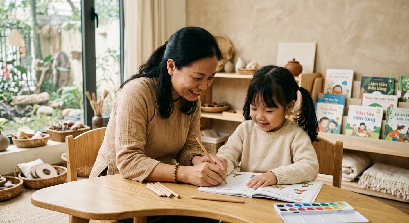 Phụ huynh hướng dẫn trẻ trong không gian học tập ấm áp
